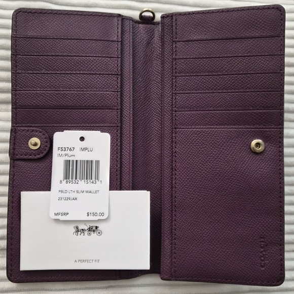 Coach Slim Leather Wristlet Wallet Plum - Picture 4 of 6